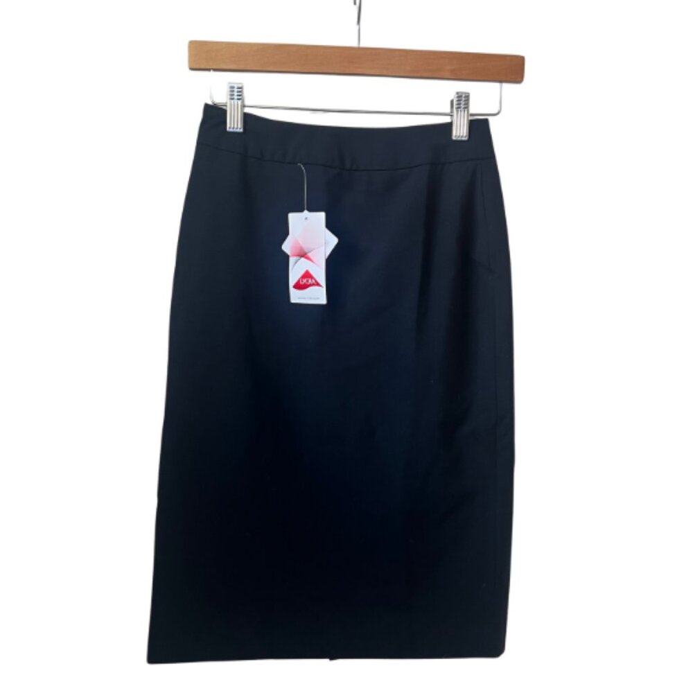 UK Simon Jersey Black Midi Business Skirt with Slit in Back